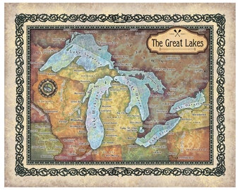 May include: A vintage-style map of the Great Lakes region of North America. The map features the names of the five Great Lakes: Superior, Michigan, Huron, Erie, and Ontario. The map also includes the names of major cities and rivers in the region. The map is surrounded by a decorative border.