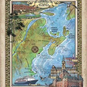 247 New England and the St. Lawrence Seaway custom map,ontario,michigan,lake huron,great lakes,rhode island,pennsylvania,hand painted map by