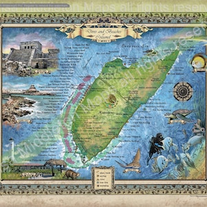 May include: A colorful illustrated map of Cozumel, Mexico, showing the location of reefs, beaches, and dive sites. The map includes a compass, a legend, and a variety of marine life illustrations. The text on the map reads "Reefs and Beaches Cozumel".