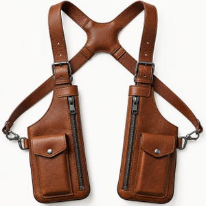 May include: A brown leather shoulder holster bag featuring two vertical compartments with zippered closures and front flap pockets with snap buttons. The bag includes adjustable shoulder straps connected by a central back piece and metal hardware.