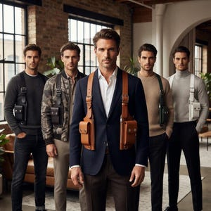 Peut inclure: Une collection de cinq personnes portant différents styles de holsters de poitrine en cuir sur des pulls, des vestes et des blazers. Les holsters présentent des sangles réglables, des boucles en métal et plusieurs poches de rangement en noir, marron, vert et blanc.