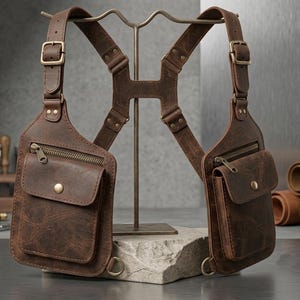Può includere: Un'imbracatura da petto in pelle marrone dotata di due tasche simmetriche con cerniere in ottone e chiusure a bottone automatico. L'imbracatura include spallacci regolabili con fibbie e rivetti in ottone, collegati da un pezzo dorsale centrale.