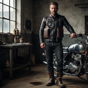 May include: A black leather jacket worn with a brown leather chest harness featuring two rectangular pouches with vertical zippers. The outfit includes dark denim jeans and brown leather boots, paired with a silver motorcycle in a workshop.