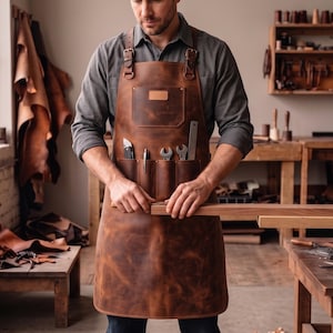Leather Work Apron with Tool Pockets, Adjustable Cross Back Straps for Carpenter, Woodworker, Grill Master Handcrafted in Sialkot Pakistan