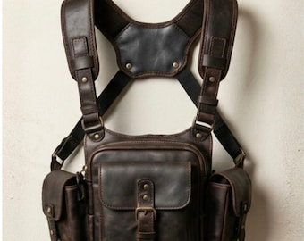 Full Grain Leather Chest Rig Bag, Men's Tactical Harness Bag, Distressed Leather Body Bag, Adjustable Utility Chest Pack,Gift for Him