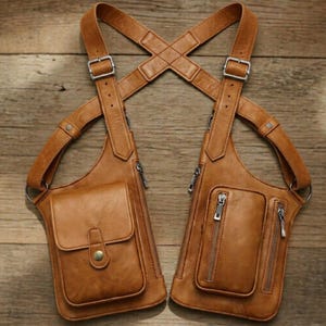 May include: A tan leather chest bag with adjustable straps and multiple pockets. The bag has a cross-body design with two main compartments, each with a zippered pocket and a smaller pocket with a snap closure. The bag is made of a distressed leather.