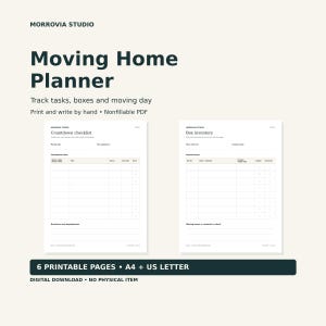 May include: A digital Moving Home Planner document featuring dark text on a light background. The layout includes a Countdown checklist and a Box inventory page with columns for tracking tasks, box IDs, and contents. It is a non-fillable PDF.