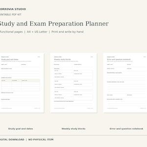 May include: A printable PDF study and exam preparation planner kit by Morrovia Studio. The kit includes six functional pages in A4 and US Letter sizes, featuring templates for study goals and dates, weekly study blocks, and an error and question notebook.