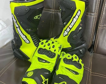 Conjunto de botas e luvas para motociclismo, verde neon, com proteção, em couro, para uso em pistas e ruas.