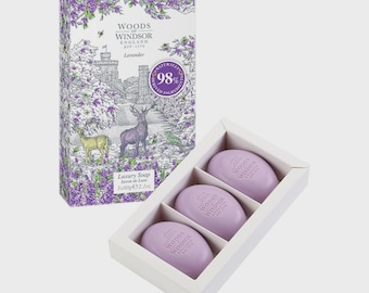 Sapone alla lavanda Woods of Windsor, con burro di karité idratante, 3 saponette da 60 g