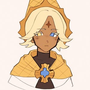K&ouml;nnte beinhalten: Eine digitale Illustration einer Figur mit hellblondem Haar, gebr&auml;unter Haut und Heterochromie, mit einem gelben und einem blauen Auge. Die Figur tr&auml;gt einen gelben Umhang mit Gittermuster, einem blauen Kreuzemblem und einen hohen, spitzen gelben Hut.