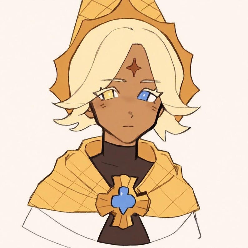 K&ouml;nnte beinhalten: Eine digitale Illustration einer Figur mit hellblondem Haar, gebr&auml;unter Haut und Heterochromie, mit einem gelben und einem blauen Auge. Die Figur tr&auml;gt einen gelben Umhang mit Gittermuster, einem blauen Kreuzemblem und einen hohen, spitzen gelben Hut.