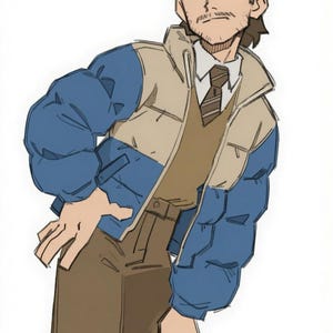 K&ouml;nnte beinhalten: Eine digitale Illustration einer Person mit braunem Haar und leichtem Bartwuchs, die eine blau-beige Daunenweste &uuml;ber einem braunen Pullover, einem wei&szlig;en Hemd mit Kragen und einer braun gestreiften Krawatte sowie einer braunen Hose tr&auml;gt.