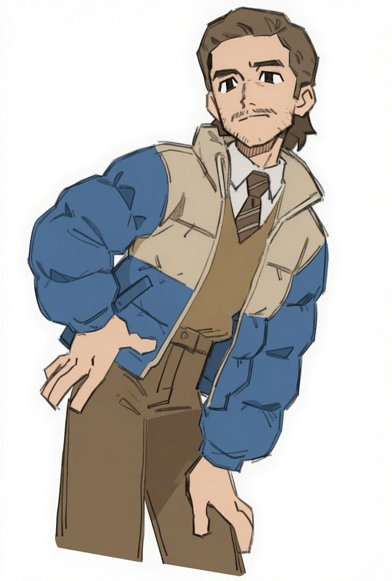 K&ouml;nnte beinhalten: Eine digitale Illustration einer Person mit braunem Haar und leichtem Bartwuchs, die eine blau-beige Daunenweste &uuml;ber einem braunen Pullover, einem wei&szlig;en Hemd mit Kragen und einer braun gestreiften Krawatte sowie einer braunen Hose tr&auml;gt.
