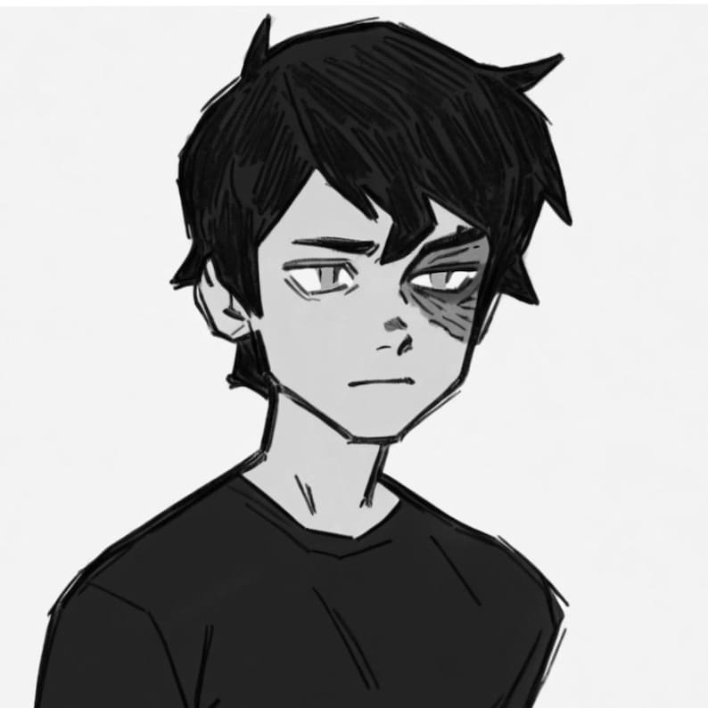 K&ouml;nnte beinhalten: Eine schwarz-wei&szlig;e digitale Illustration einer jungen Person mit kurzem, zerzaustem dunklem Haar. Die Figur hat eine deutliche, schattierte Markierung um das linke Auge und tr&auml;gt ein schlichtes, einfarbiges schwarzes T-Shirt mit Rundhalsausschnitt.