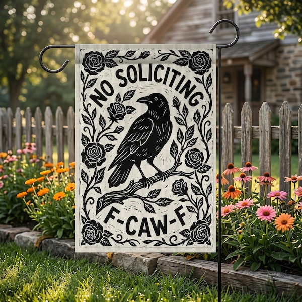 No Soliciting Garden Flag, Funny Crow Yard Sign, F-Caw-F Raven Decor, Gothic Porch Sign, Sarcastic Front Door Decor, Witchy Outdoor Gift