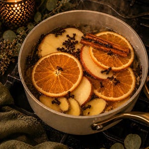 May include: A pot of simmering liquid with orange and apple slices, cloves, and cinnamon sticks. The pot sits on a stovetop, with a lit candle in a decorative holder in the background. The scene evokes warmth and comfort.