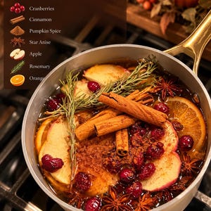 May include: A light-colored simmer pot with a gold handle containing a mixture of sliced apples, cranberries, cinnamon sticks, star anise, rosemary sprigs, and orange slices. Text reads Thankful Harvest SIMMER POT.