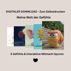 Könnte beinhalten: Eine digitale Download-Grafik mit dem Text "DIGITALER DOWNLOAD - Zum Selbstdrucken Meine Welt der Gefühle" und "5 Gefühle & interaktive Mitmach-Spuren". Das Bild zeigt Cartoon-Illustrationen eines Kuchens, einer Maus, eines Elefanten, einer Sonne und einer Schnecke.
