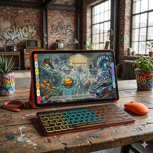 Könnte beinhalten: Ein orangefarbenes Tablet mit farbenfrohem Grafikdesign, eine passende Tastatur mit Regenbogen-Hintergrundbeleuchtung und eine orangefarbene Maus liegen auf einem Holztisch. Das Tablet zeigt einen Basketball und Turnschuhe. Der Text "POWER SCRIPT • MISSION AUSGEFÜHRT" ist sichtbar.
