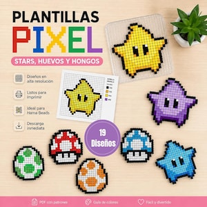 Puede incluir: Una colección digital de 19 patrones de pixel art con estrellas, huevos y hongos. El conjunto incluye una guía imprimible con códigos de color para cuentas Hama, mostrando diseños con motivos pixelados en amarillo, morado, azul, rojo, verde y naranja.