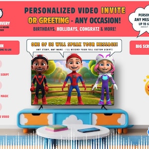 Peut inclure: Image promotionnelle pour des invitations vidéo personnalisées. L'image présente une télévision affichant des personnages animés, avec du texte superposé. Le texte comprend des phrases telles que "Invitation Vidéo Personnalisée" et "Toute Occasion".