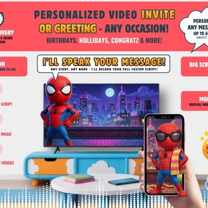 Op de afbeelding: Promotieafbeelding voor gepersonaliseerde video-uitnodigingen. De afbeelding toont een cartoon Spider-Man op een tv-scherm en een smartphone. Tekst bevat "Gepersonaliseerde video-uitnodiging of groet - Elke gelegenheid!" en "Ik spreek uw bericht!"