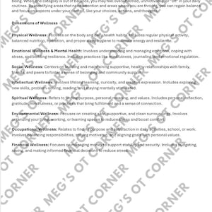 Puede incluir: Un documento informativo blanco titulado My Wellness Wheel. Define la herramienta como una ayuda para la autorreflexión y enumera ocho dimensiones del bienestar: física, emocional y mental, social, intelectual, espiritual, ambiental, ocupacional y financiera.