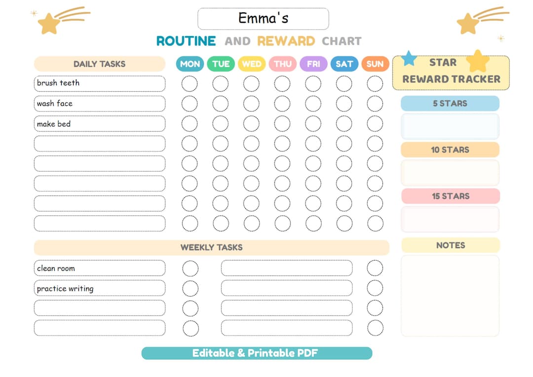 Editable Kids Routine Chart, Printable Chore Tracker With Star Rewards ...