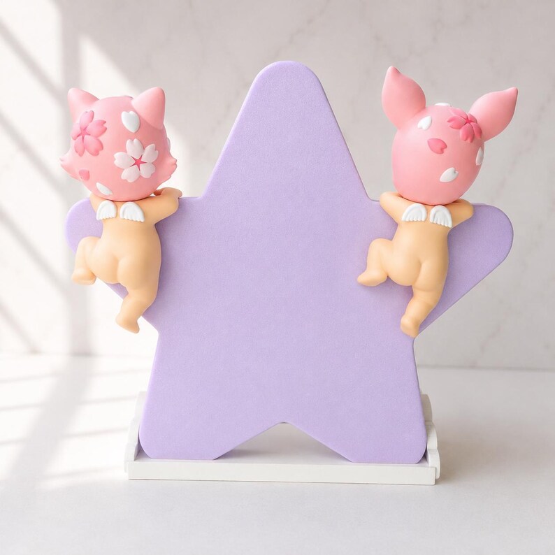 Op de afbeelding: Een decoratief stervormig beeldje in lavendel, ondersteund door een witte basis. Twee kleine figuren met roze hoofden, versierd met bloemmotieven en huidkleurige lichamen, zijn bevestigd aan de ster. De figuren hebben kleine witte vleugels.