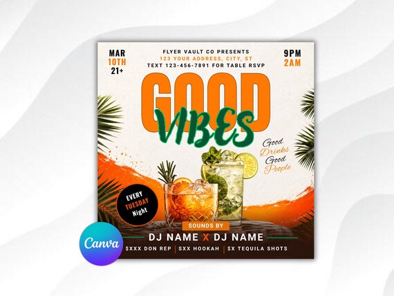 Good Vibes Party Flyer Template, Tropical Club Flyer Canva Template, Tuesday Night Event Flyer, Summer Drink Party Promo, Editable DJ Flyer