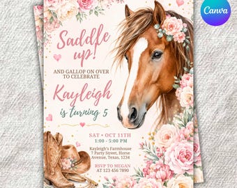Horse Birthday Invitation Template | Pink Floral Western Party Invitation | Printable Canva Template | 8.5 x 11 in