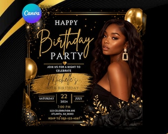 30th Birthday Invitation Template, Elegant Black Gold Flyer, Women's Milestone Party Invite (Digital Download)