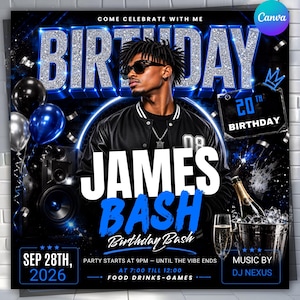 Puede incluir: Un folleto digital de fiesta de cumpleaños con una persona con chaqueta negra y gafas de sol. El texto dice "BIRTHDAY", "JAMES BASH", "20TH BIRTHDAY", "SEP 28TH, 2026", "PARTY STARTS AT 9PM", "MUSIC BY DJ NEXUS". Incluye globos y champán.