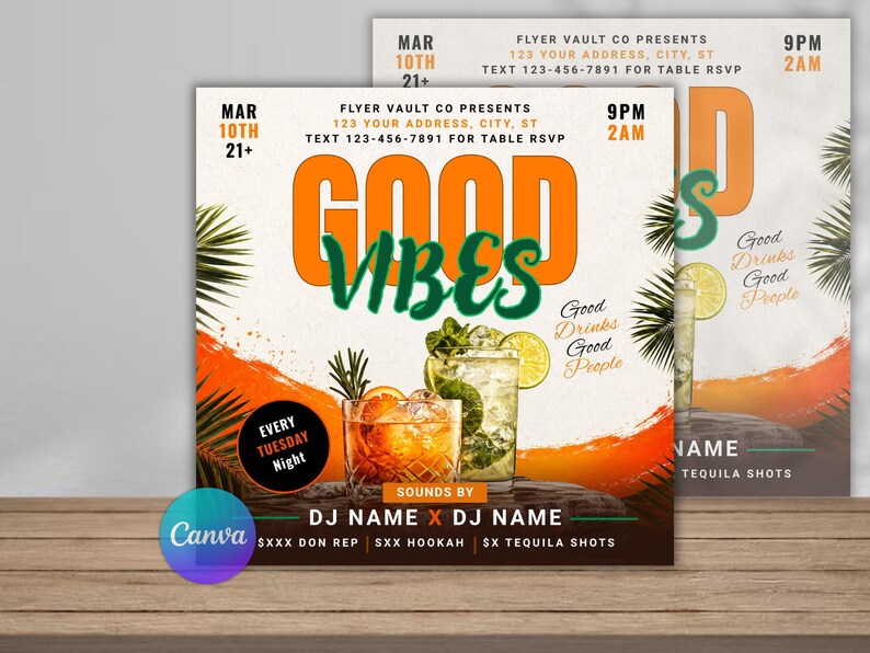 May include: Two flyers with a party theme. The main flyer has "GOOD VIBES" in orange and green, with cocktail illustrations. Text includes "Good Drinks Good People" and event details. The Canva logo is visible.