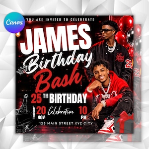 May include: A birthday party invitation flyer featuring the text JAMES Birthday Bash 25TH BIRTHDAY THURSDAY 20 NOV Celebration 10 PM 123 MAIN STREET XYZ CITY. The design includes two individuals, red and black balloons, and a gift box graphic.