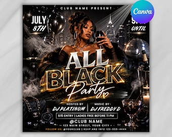 All Black Party Flyer Template, Nightclub Event Promo, Canva Editable (Digital Download)