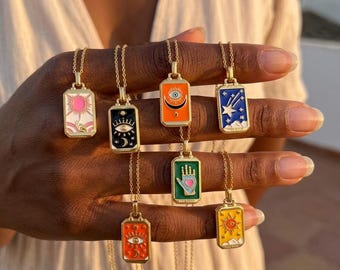 Enamel Tarot Charm Pendant | Gold Plated Brass, Celestial Mystic Jewelry
