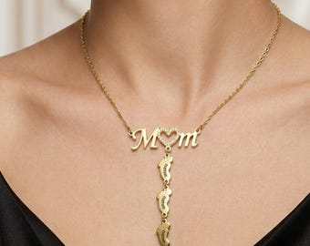 Mom Necklace with Kids Names Gold | Baby Feet Charm Necklace | Personalized New Mom Gift for Her