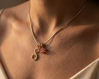 Cursive Initial Necklace CZ Gold | Pink Heart Celestial Charm Pendant | Personalized Birthday Gift