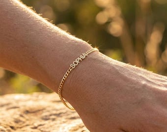 Block Letter Name Bracelet | Custom Curb Chain Name Bracelet | Personalized Jewelry Gift for Her
