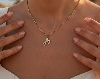 Cursive CZ Initial Necklace Gold | Script Letter Pendant Ball Chain | Personalized Gift for Her