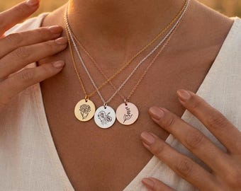 Customized Birth Flower Disc Charm Necklace | Personalized Engraved Birth Month Coin Pendant Jewelry