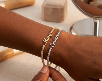 Custom Name Tennis Bracelet Gold Silver | Personalized CZ Diamond Name Bracelet | Gift for Her