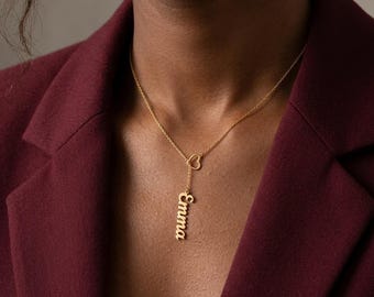 Minimalist Lariat Name Necklace • Heart Drop Name Necklace • Personalized Vertical Name Charm