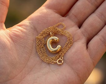 Bubble Letter Necklace Gold | 3D Balloon Initial Pendant | Chunky Personalized Gift for Her