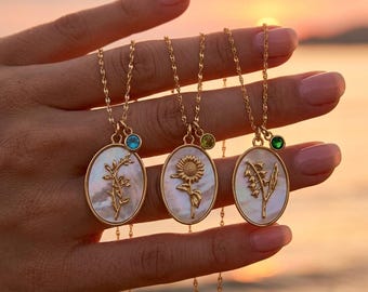 Personalized Birth Flower Shell Necklace Gold | Oval Shell Birthstone Pendant | Vintage Botanical Jewelry Gift