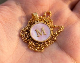 Custom Pink Shell Initial Necklace Gold | Round Disc Letter Pendant | Dainty Personalized Gift