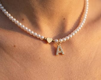 Pearl Initial Necklace Gold | Heart Charm Pearl Bead Necklace | Personalized Bridesmaid Gift Her