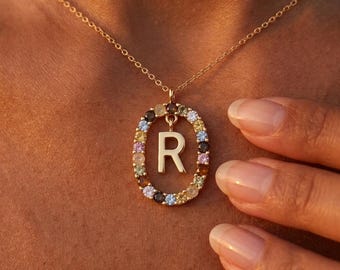 Rainbow Initial Necklace 18K Gold | Colorful CZ Oval Letter Pendant | Personalized Gift for Her